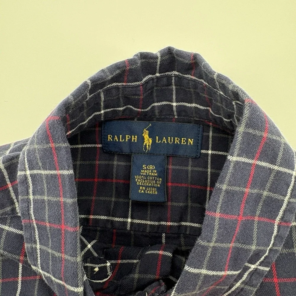 Youth Ralph Lauren Button Up Blue White Red Plaid‎ L/S Size Small (8) Red Pony